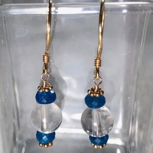 New Genuine Natural Neon Blue Apatite and Rock Crystal Earrings